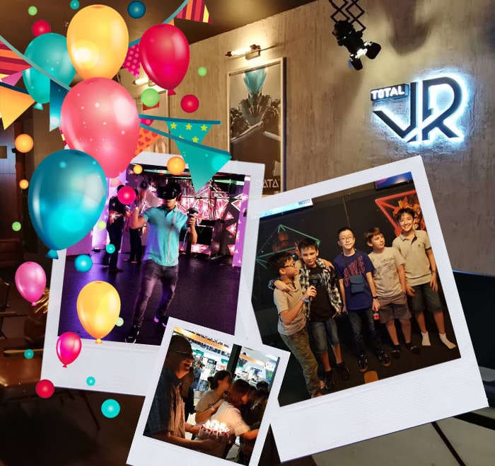 Polaroid-style collage of a birthday party at Total VR