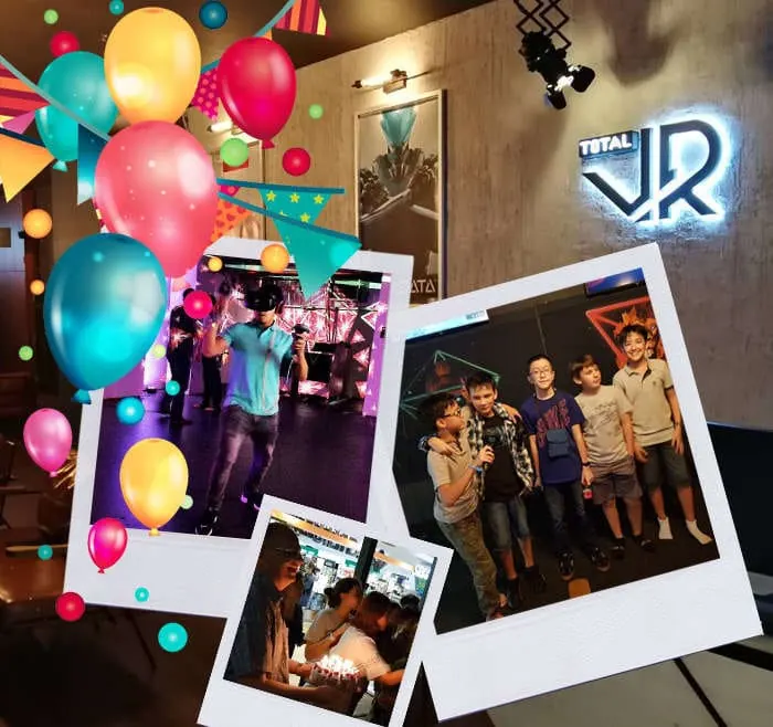 Polaroid-style collage of a birthday party at Total VR